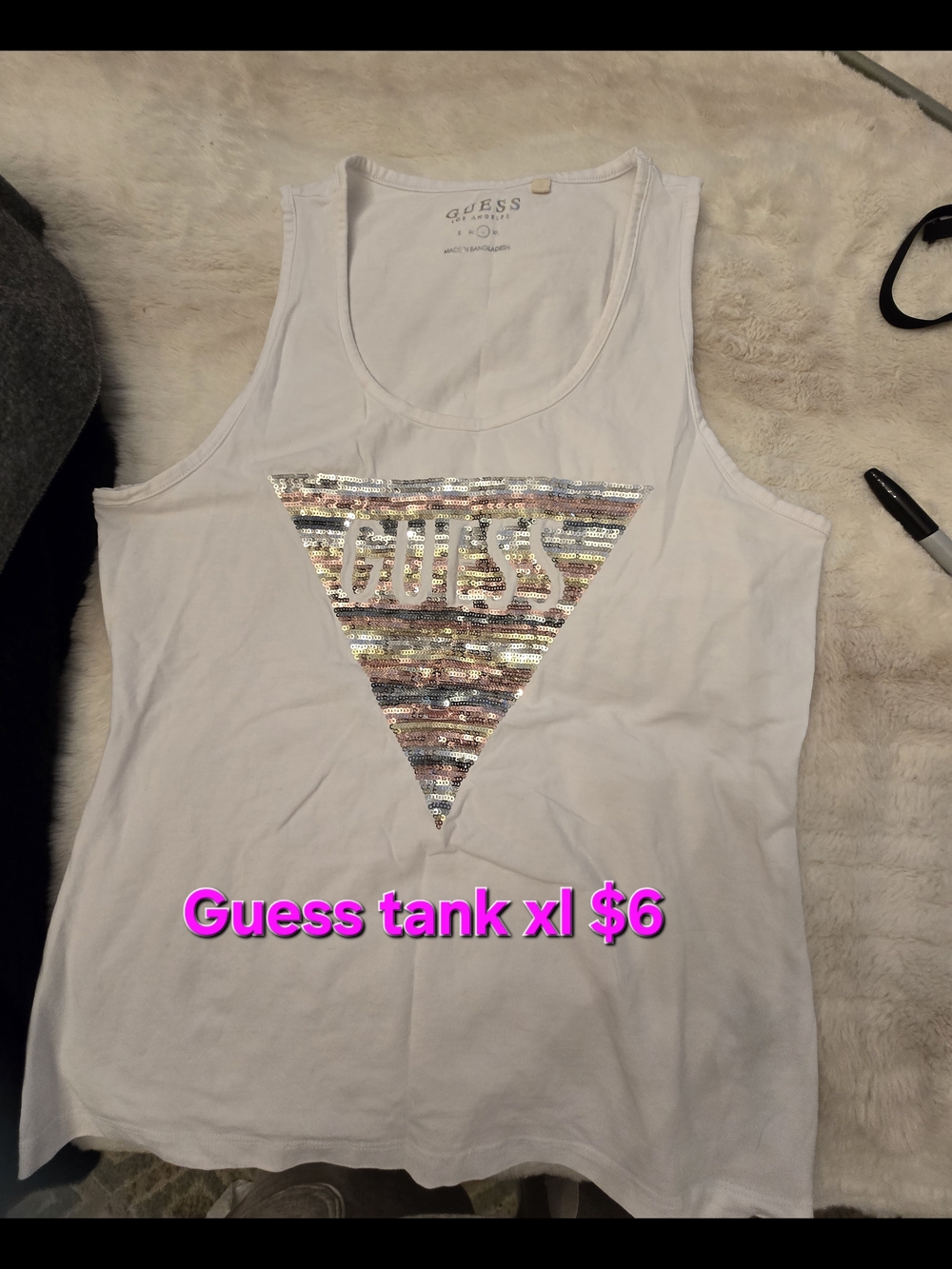 GUESS White Tank with Multicolor Sequin Triangle Logo